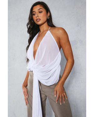 MissPap Chiffon Plunge Draped Detail Halterneck Top - White