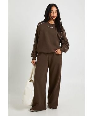 Boohoo Ath Club Embroidered V Neck Piping Sweatshirt Tracksuit - Brown