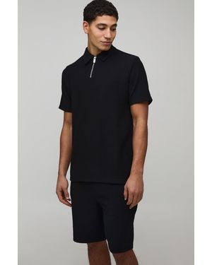 BoohooMAN Slim Fit Ribbed Jersey Polo & Shorts Set - Black