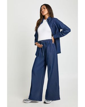 Boohoo Maternity Chambray Drawstring Wide Leg Trouser - Blue