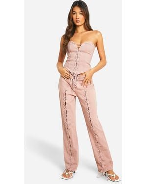 Boohoo Lace Up Detail Straight Leg Jeans Cotton - White