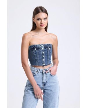 Hiccup Strapless Denim Buttoned Crop Top - Blue