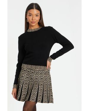 Quiz Knitted Geometric Trim Jumper - Black