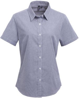 PREMIER Ladies Microcheck Short Sleeve Cotton Shirt - Blue