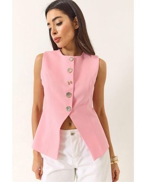 Bianco Lucci Fitted Sleeveless Button-Front Waistcoat With Crew Neck - Pink