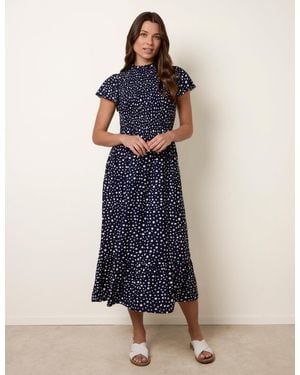 Blue Vanilla Polka Dot Shirred Frill Neck Midi Dress - Blue