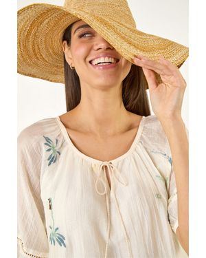Roman Botanical Embroidery Keyhole Top - Natural
