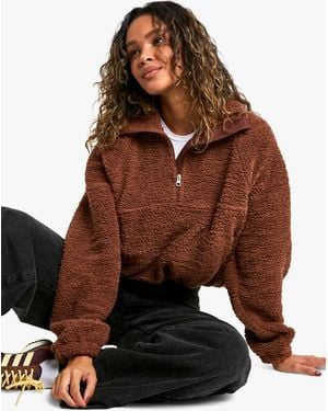 Boohoo Half Zip Side Pocket Overszied Borg Sweatshirt - Brown