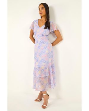 Roman Petite Floral V-Neck Frill Midi Dress - Pink
