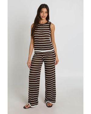 Boohoo Crochet Stripe Knit Top And Wide Leg Co-Ord - White