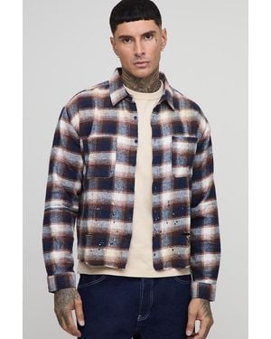 BoohooMAN Tall Oversized Boxy Distressed Flannel Flannel Shirt - Blue