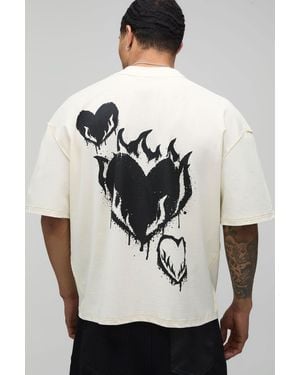 BoohooMAN Oversized Boxy Exposed Seam Heart Graffiti Print T-Shirt Cotton - Black
