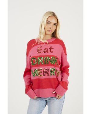 Brave Soul Sequin Slogan Christmas Jumper - Red
