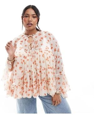 ASOS Design Tie Front Tiered Blouse With Ruffle Cuffs - Pink