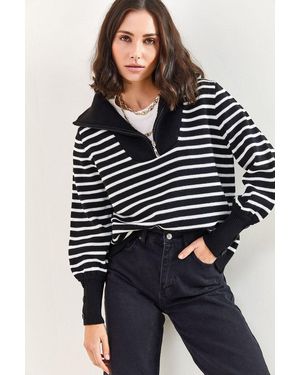 Bianco Lucci Hooded Striped Knitwear Jumper With Zipper - Black