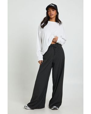 Boohoo Petite Drawstring Stripe Wide Leg Trousers - White