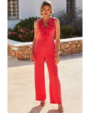 Sosandar Ruffle Detail Wide Leg Jumpsuit - Red
