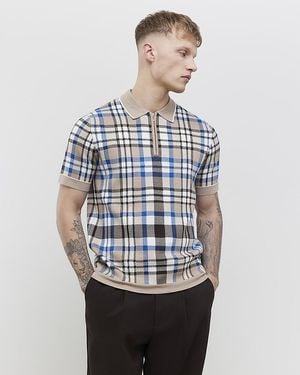River Island Polo Shirt Slim Fit Check Quarter Zip - Blue