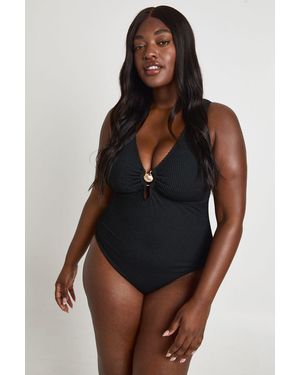 Boohoo Plus Crinkle Shell Trim Plunge Swimsuit - Black