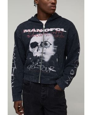 BoohooMAN Oversized Boxy Premium Ofcl Skull Acid Wash Printed Zip Through Hoodie Cotton - Blue