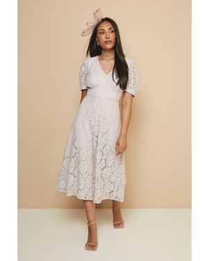 Wallis Petite Lace V Neck Tea Midi Dress - Natural