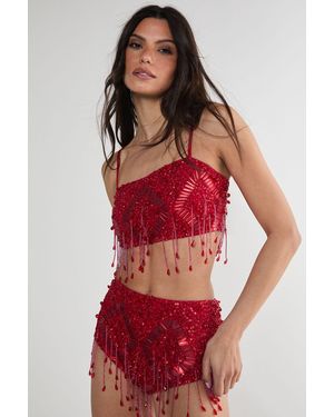 Nasty Gal Diamante Embellished Tassel Beaded Crop Top - Red