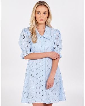 Blue Vanilla Embroidery Anglaise Puff Sleeve Shirt Dress - Blue