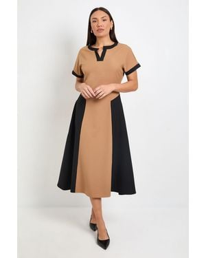 PRINCIPLES Formal Colour Block Contrast V Neck Midi Dress - Natural