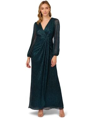 Adrianna Papell Metallic Mesh Draped Gown - Blue