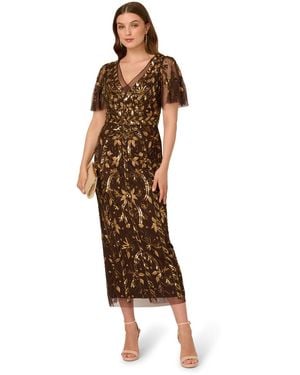 Adrianna Papell Beaded Flutter Sleeve Dress - Brown
