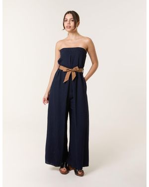Blue Vanilla Linen Belted Wide Bandeau Jumpsuit - Blue