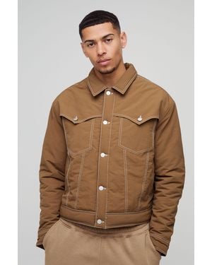 BoohooMAN Boxy Nylon Contrast Stitch Western Trucker Jacket - Brown
