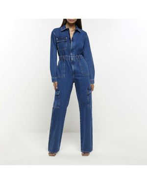 River Island Jumpsuit Denim Utility Cotton - Blue