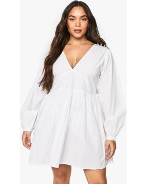 Boohoo Plus Cotton Poplin Blouson Sleeve Smock Dress - White