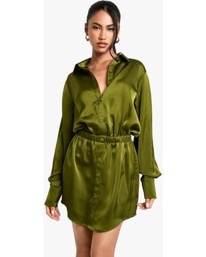 Boohoo Satin Shirt Mini Dress - Green