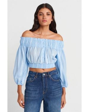Dilvin Off-Shoulder Crop Blouse - Blue