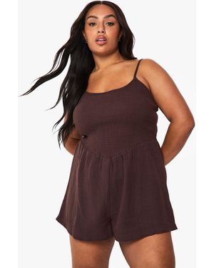 Boohoo Plus Shirred Cheesecloth Flippy Playsuit - Purple