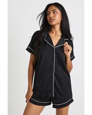 Boohoo Satin Piping Detail Short Sleeve Shirt & Shorts Pyjama Set - Black