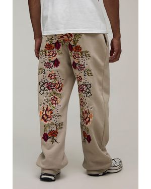 BoohooMAN Straight Fit Floral Embroidered Jogger - Natural