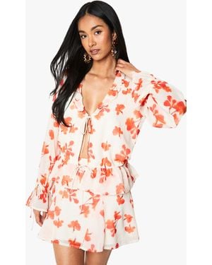 Boohoo Floral Chiffon Ruffle Blouse - Red