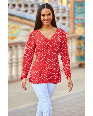 Sosandar Spot Print Ruched Front Top - Red