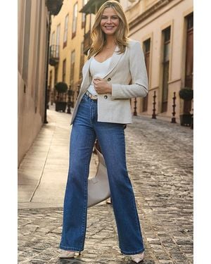 Sosandar Natural Linen Blend Tuxedo Blazer Jacket - Blue