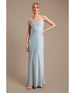 Oasis Cross Shoulder Tie Back Satin Maxi Bridesmaid Dress - Blue