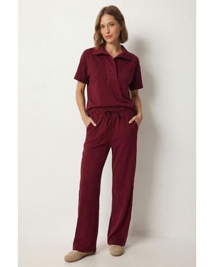 Happiness İstanbul Polo Collar Blouse & Mid Waist Wide Leg Trousers Two-Piece Set - Red