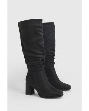 Boohoo Wide Fit Faux Suede Block Heeled Knee High Boots - Black