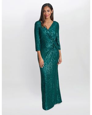 Gina Bacconi Jacynda Sequin 3/4 Sleeve Wrap Dress With Twist - Green