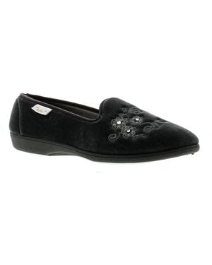 Dr Keller Velour Upper Full Slipper With Soft Satin Lining Emroidered Flower Detail To The Vamp Textile - Black