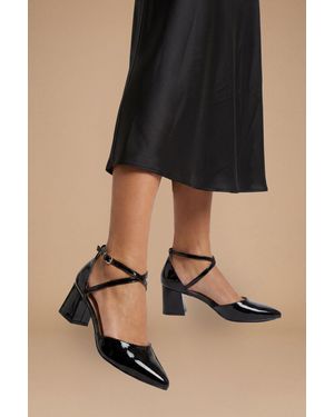 Good for the Sole Wide Fit Millie Comfort Faux Patent Leather Cross Strap Medium Heel Court Shoes - Black