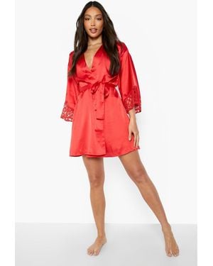 Boohoo Tall Satin Lace Trim Kimono - Red