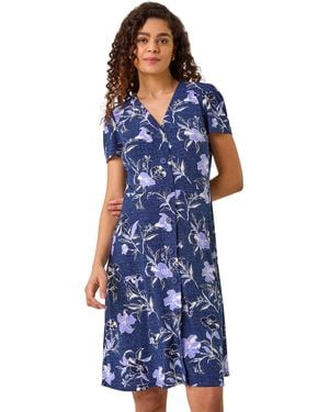 Roman Floral Puff Print Stretch Tea Dress - Blue